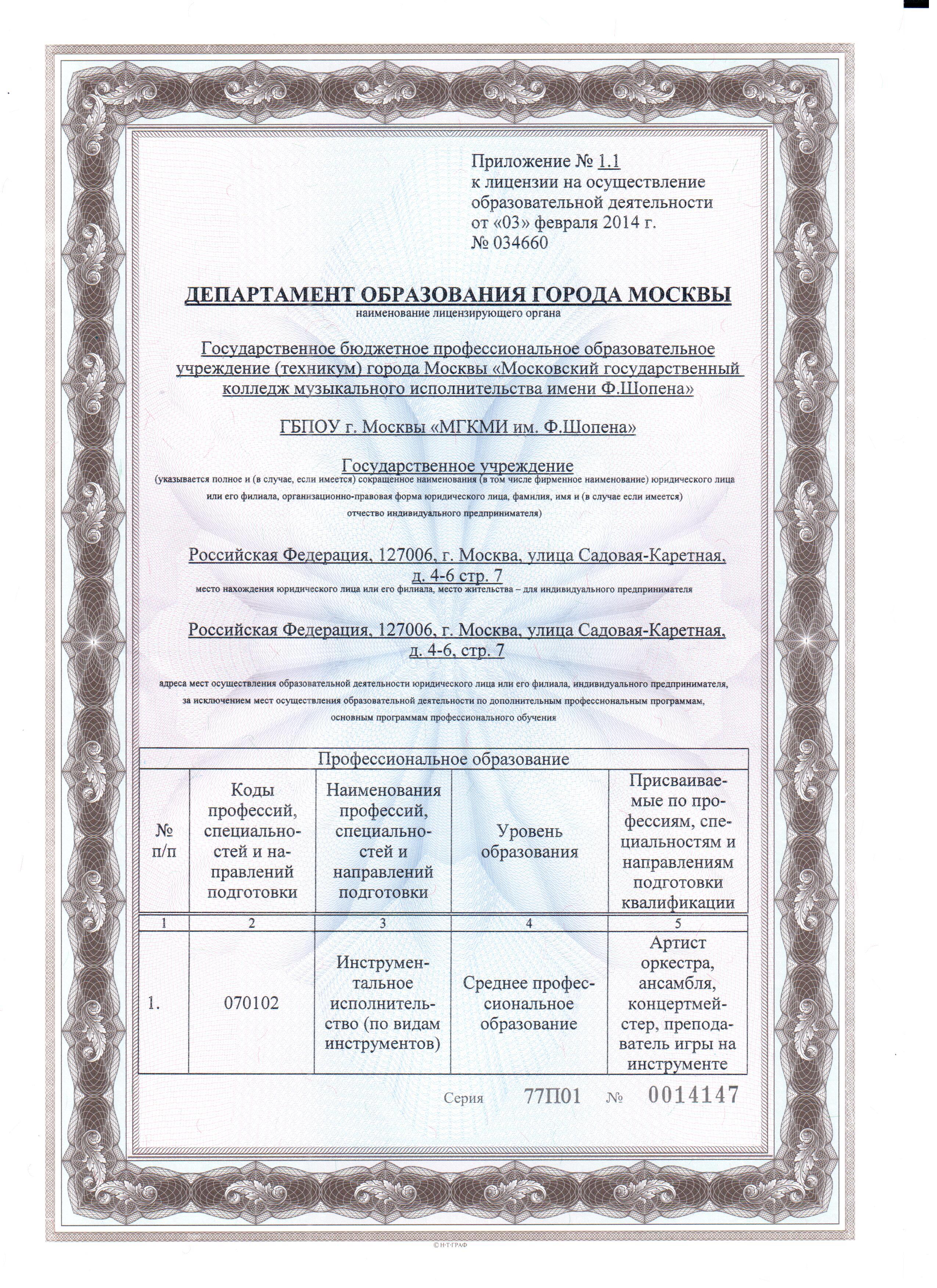 Московский государственный колледж музыкального исполнительства имени Ф.  Шопена / Лицензия и аккредитация